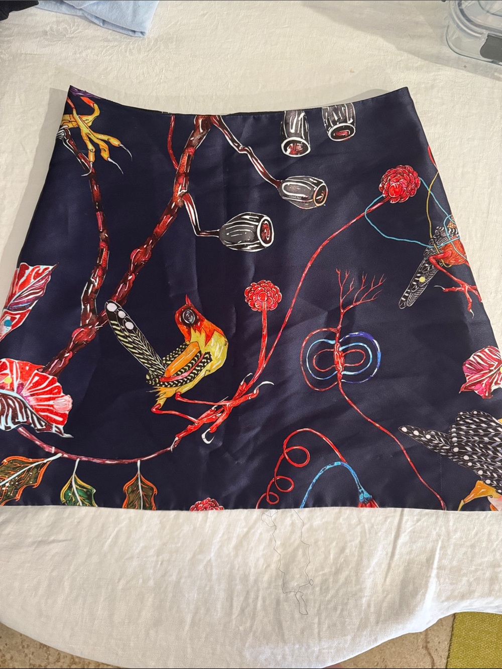 Romance was Born. Sz 10 Navy Floral & Bird Satin Mini Skirt